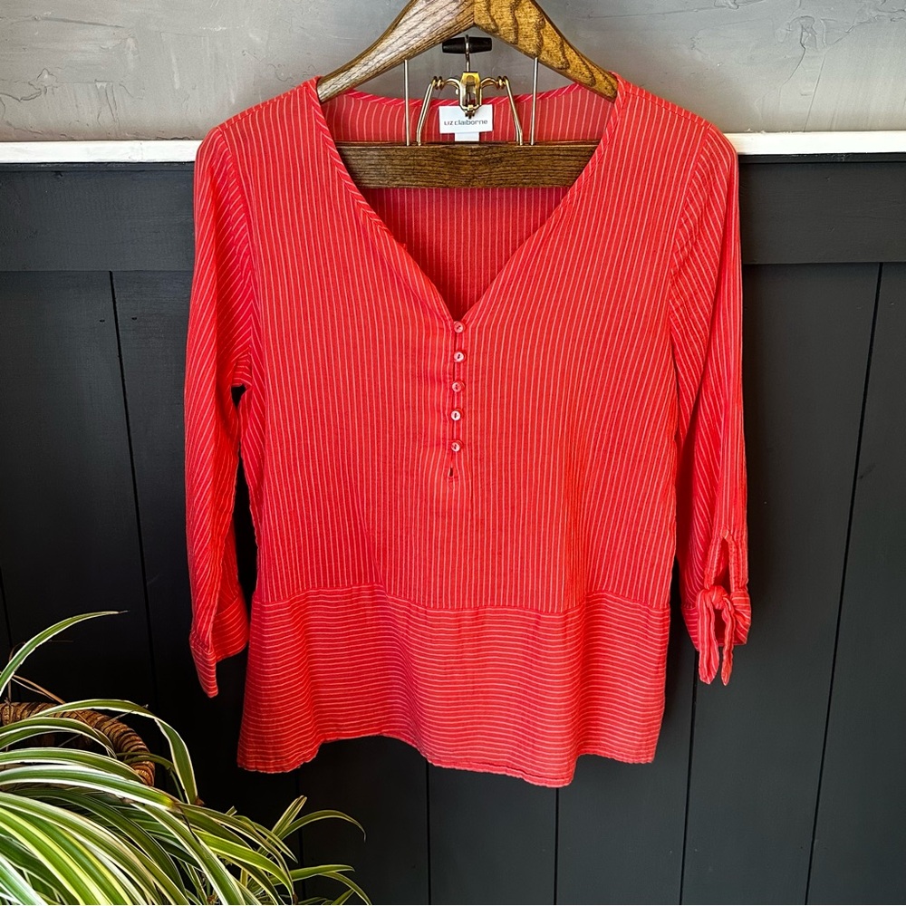 Liz Claiborne 3/4 Sleeve Coral Stripe Women's blouse Size S RN#93677 100% cotton